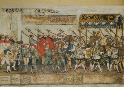 Cavalgada para a coroação do imperador Carlos V em Bolonha ... (xilogravura a cores sobre pergaminho) de Robert Peril