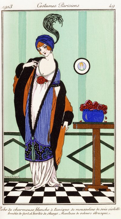 Roupas parisienses: manto branco charmeuse com túnica de seda violeta bordada de Robert Pichenot