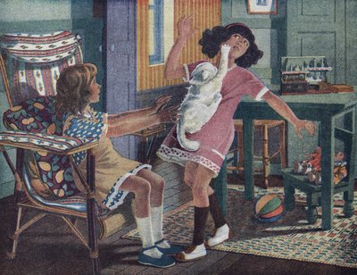 A gatinha da Annette: uma gatinha branca garra o rosto de uma menina brincando com sua amiga. Ilustração de Robert Salles (1871-1929) em "Je sais Lire". de Robert Salles