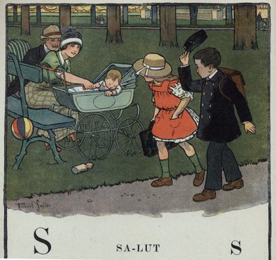 O livro infantil "I will read - Methodic and fun alfabeto by a dad" 1926. Ilustração de Robert Salles (1871-1929). Abecedário: letra S como Salut. Um menino cumprimenta um casal e seu bebê levantando seu boné. de Robert Salles