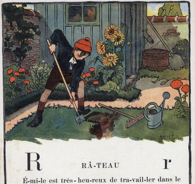 O livro infantil "I will read - Methodic and fun alfabeto by a dad" 1926. Ilustração de Robert Salles (1871-1929). Abecedaire: letra R como Rake. O jardim de um menino no jardim da sua casa. de Robert Salles