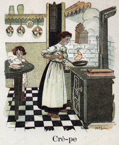 O livro infantil "I will read - Methodic and fun alfabeto by a dad" 1926. Ilustração de Robert Salles (1871-1929). A mãe sopra os crepes na frigideira. de Robert Salles