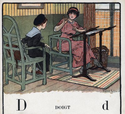 O livro infantil "I will read - Methodic and fun alfabeto by a dad" 1926. Ilustração de Robert Salles (1871-1929). Abecedário: letra D como Dedo. Uma mãe explica ao seu filho o bordado. de Robert Salles