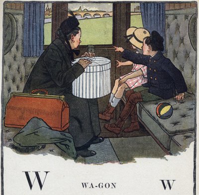 O livro infantil "I will read - Methodic and fun alfabeto by a dad" 1926. Ilustração de Robert Salles (1871-1929). Abecedaire: carta W as Wagon. Duas crianças com sua mãe viajam em um compartimento de trem. de Robert Salles