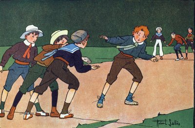 Os bares (jogo de equipa, no qual se tem de ir discretamente para o campo adversário simboliza por uma linha no chão para fazer prisioneiros). Gravação em "O que estamos a jogar? "por E. Weber com desenhos a aguarela de Robert Salles (1871-1929). Librairie de Robert Salles