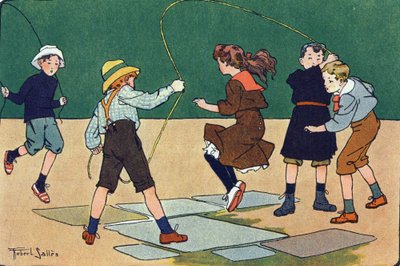 O salto tem a corda. Gravação em "O que estamos a jogar? "por E. Weber com desenhos a aguarela de Robert Salles (1871-1929). Librairie Garnier Freres, Paris de Robert Salles