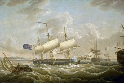 Uma fragata ancorada no Mersey (rio no noroeste de Inglaterra). O Forte Perch Rock é visível no horizonte. Óleo sobre tela de Robert Salmon