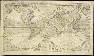 Um Novo Mapa do Mundo em dois Hemisférios com as Novas Descobertas & Tractos dos dois Navegadores Circum viz