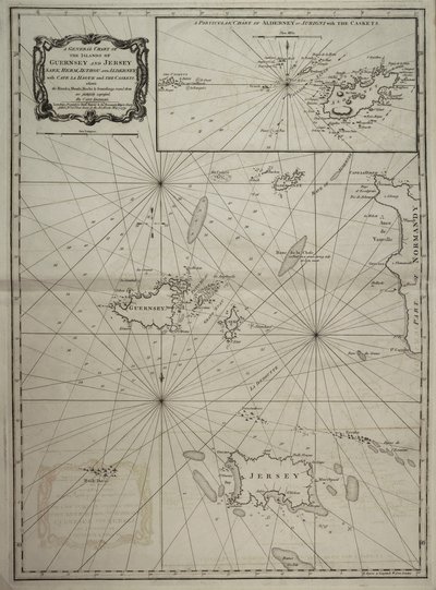 Carta geral das ilhas de Guernsey e Jersey, Sark, Herm, Jethou e Alderney, com o Cabo da Haia e os Caskets de Robert Sayer