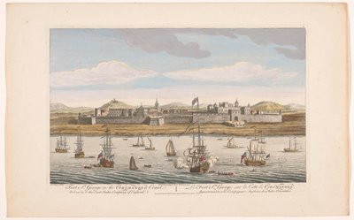 Gezicht op Fort Saint George te Madras
Forte St. George na Costa de Coromandel. Pertence à Companhia das Índias Orientais de Inglaterra (título sobre o objecto)
Nederzettingen van de VOC (título da série) de Robert Sayer