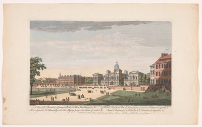 Vista do Desfile dos Guardas do Cavalo em Londres com a partida de George II Augustus, Rei da Grã-Bretanha, para a Câmara dos Lordes
Uma vista da Parada de St. James Park, os novos edifícios para os guardas de cavalos, o Almirantado com Sua Majestade indo de Robert Sayer