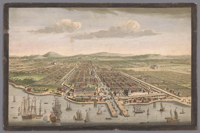 Gezicht op de stad Batavia A cidade de Batávia na ilha de Java e capital de todas as fábricas e assentamentos holandeses nas Índias Orientais (título no objeto) Nederzettingen van de VOC (título da série) de Robert Sayer