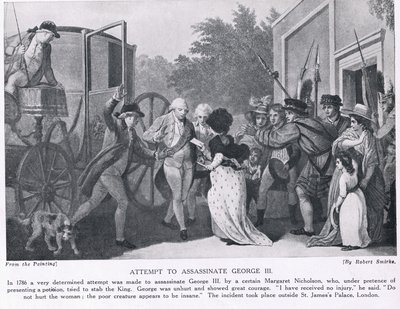 Tentativa de assassinar o rei George III, ilustração da "História das Nações de Hutchinson", c.1910 de Robert Smirke