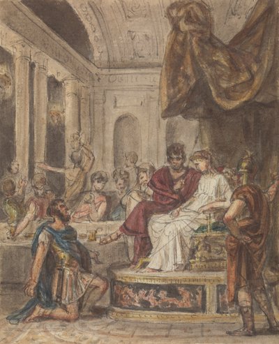 Cena do Banquete, com um Soldeir Romano Ajoelhado a uma Figura Familiar Sentado num Trono de Robert Smirke