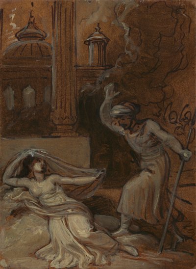 Ilustração para um romance oriental, possivelmente "As Noites Árabes" (com a figura feminina reclinada à esquerda) de Robert Smirke
