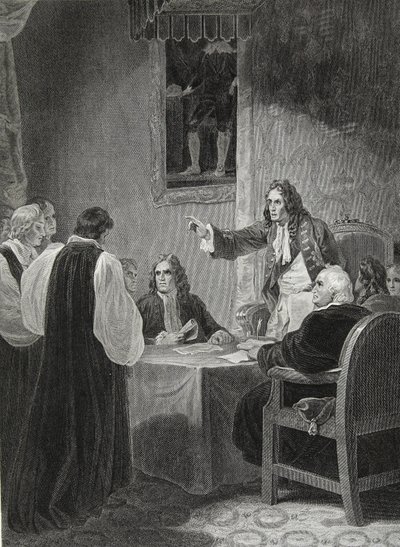 Os Bispos antes do Conselho Privado, 1688, gravado por George Noble, ilustração de David Hume "A História da Inglaterra", pub. por R. Bowyer, Londres, 1812 de Robert Smirke