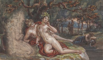 Cena arborizada com um Casal deitado debaixo de uma árvore, por um riacho de Robert Smirke