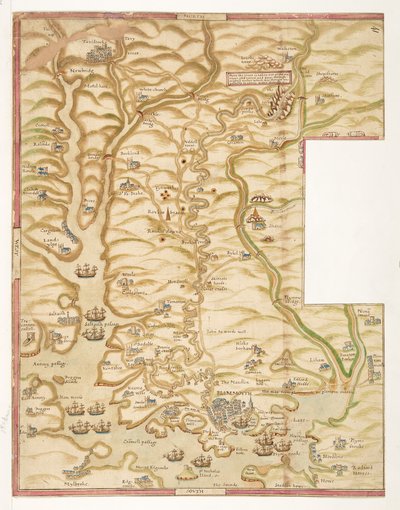 Um mapa colorido do porto de Plymouth e do país até Tavistock; desenhado possivelmente por Robert Spry de Robert Spry