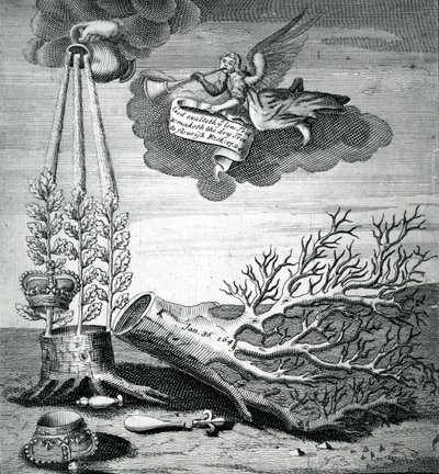 Impressão emblemática referindo-se à execução de Carlos I e à sucessão de Stuart, 1715 de Robert Vaughan