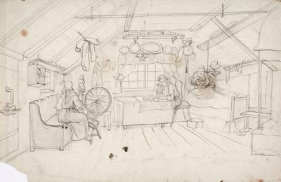 Um interior com três pessoas: uma na cama a beber café, uma à mesa a comer papas de aveia e uma junto ao centeio. de Robert Wilhelm Ekman