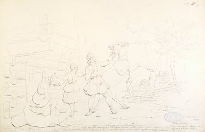 Lemminkäinen e Hiiden Hirvi ; Desenho original para a série "Kalewala, Finsk National-dikt, framställd i teckningar af R.W.Ekman" de Robert Wilhelm Ekman