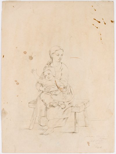 Mulher jovem sentada num banco com uma criança pequena nos braços de Robert Wilhelm Ekman