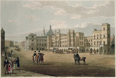 Vista da Câmara dos Lordes e das terras comuns, da jarda velha do palácio, bar. 1821 por Colnaghi und Co. (aquatint) de Robert the Elder and Younger Havell