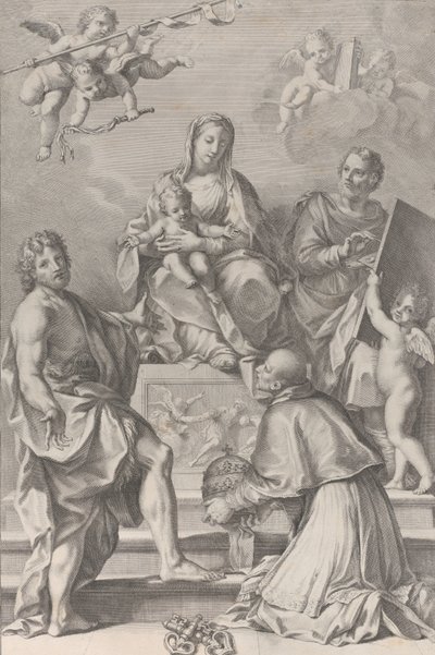 Madonna e Criança no centro com São João Batista, São Lucas, Papa Pedro Celestini,..., 1694. de Robert van Audenaerde