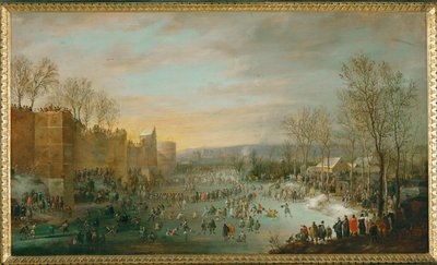 Patinagem no fosso da cidade de Bruxelas, Bélgica, com o arquiduque Leopold Wilhelm, governador, a observar a partir da sua carruagem (pintura sobre madeira de carvalho) de Robert van den Hoecke