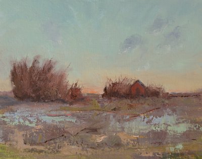 Granaries By The Slough, 2023 (óleo sobre painel de linho) de Roberta Murray