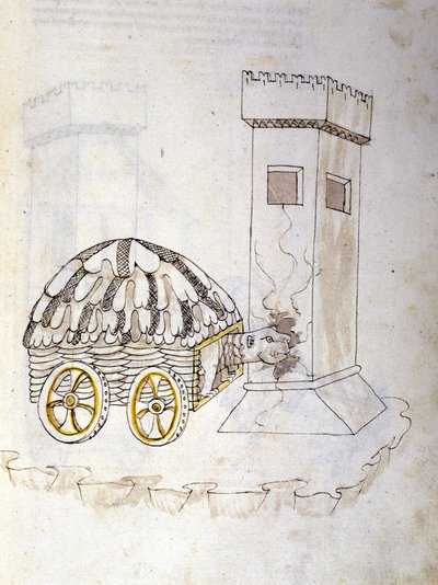 Arte da guerra: estudo sobre máquinas militares. uma máquina equipada com uma carapaça que invade uma torre, ilustração de 