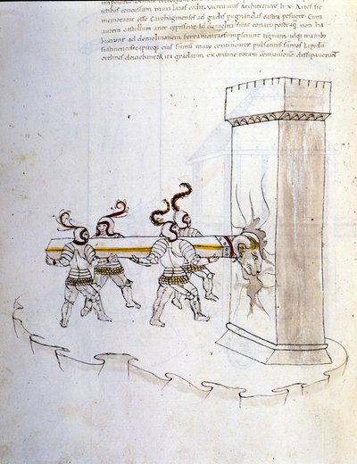 Arte da guerra: estudo sobre máquinas militares. uso do campanário para sitiar uma torre, ilustração de 