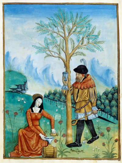 A Recoleção Bálsamo. Um homem cola a resina, ou seve, fluindo de uma árvore (Flora: bálsamo), usada para a medicina, enquanto uma mulher a coloca em um barril. Miniatura em "Livro dos médicos simples" (Folio 187v) v.1520-1530. Enlumine por Torneira Testard de Robinet Testard