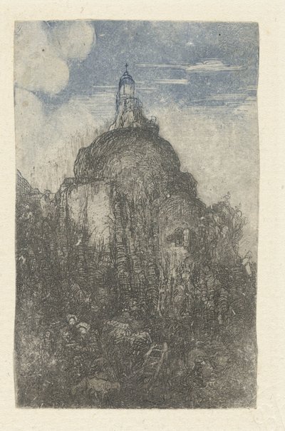 Construção sobre uma rocha e pastores em repouso com ovelhas ao pé da rocha
Le Phare
Chapelle alpestre de Rodolphe Bresdin