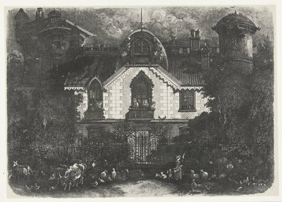 Casa com torre atrás de uma cerca e pastora com gado A Maison Encantada de Rodolphe Bresdin