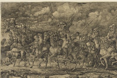 Rei caçador com as suas mulheres rodeado de criados e gado, cavalgando através de uma paisagem de Rodolphe Bresdin