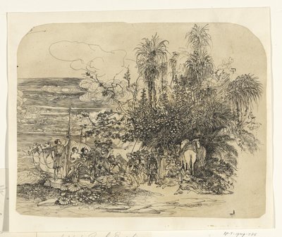 Paisagem com um grupo de orientais descansando com seus cavalos e camelos de Rodolphe Bresdin