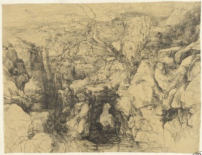 Paisagem com rochas e ponte de pedra sobre riacho de montanha de Rodolphe Bresdin