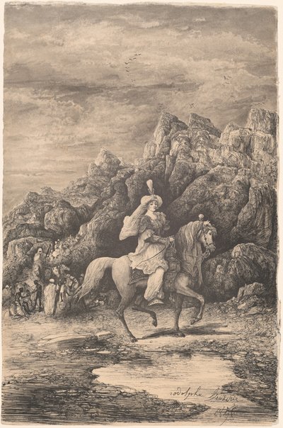 Cavaleiro Oriental em uma paisagem montanhosa desolada de Rodolphe Bresdin
