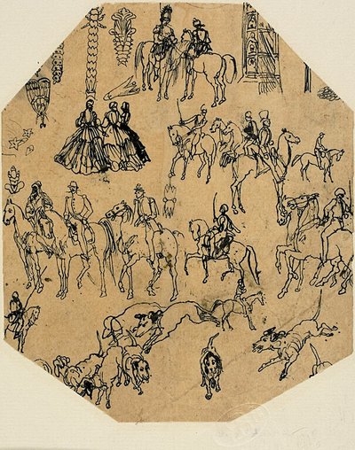 Folha de esboços: Cães de caça, cavaleiros, damas. Elementos arquitectónicos, insectos de Rodolphe Bresdin