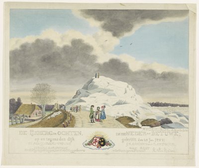 Sorvete em Ochten, 1789 O Iceberg em Ochten no Baixo Betuwe; em e contra o dique pulverizado em 24 de janeiro. 1789 (título no objeto) de Roeland van Eynden