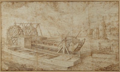 Uma draga em um canal (caneta e tinta sobre papel) de Roelandt Jacobsz. Savery