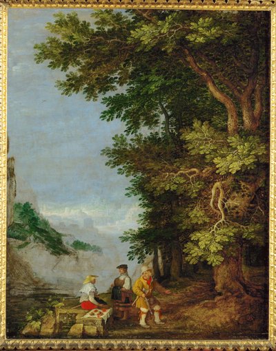 Paisagem de montanha com vendedor de fruta (pintura sobre madeira de carvalho) de Roelandt Jacobsz. Savery