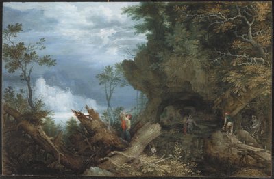 Paisagem montanhosa com entrada para uma mina, c.1612-13 (óleo sobre painel de faia) de Roelandt Jacobsz. Savery