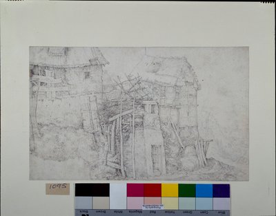 Moradias de colmo, em parte em ruínas, na encosta de uma montanha (caneta e tinta com giz sobre papel) de Roelandt Jacobsz. Savery