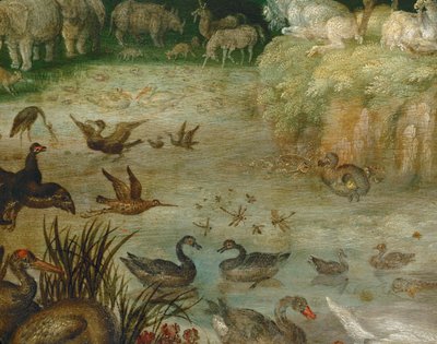 A lagoa. Animais a beber, patos a nadar, um unicórnio ao fundo (pintura sobre tela) de Roelandt Jacobsz. Savery