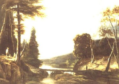 Uma paisagem ribeirinha rochosa com camponeses num caminho e pastores junto a uma ponte pedonal de Roelandt Roghman