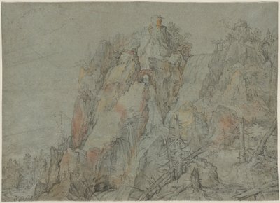 Paisagem montanhosa com castelos e cachoeiras de Roelandt Savery