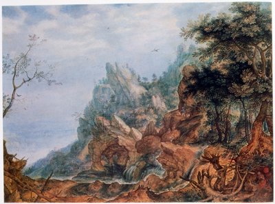 São Jerônimo em uma paisagem rochosa, c1596-1639 de Roelandt Savery