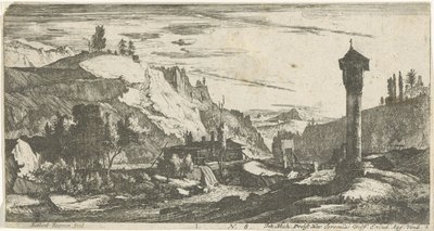 Paisagem montanhosa com coluna Paisagens tirolesas (título da série) de Roelant Roghman